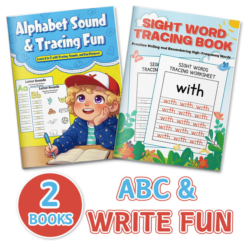 Sight Word Tracing Book: High-frequency Wo + Alphabet Sound and Tracing Fun Workbook: 2-Book Set main cover and printed book set view, image 1, bundle ISBN 9798900669786