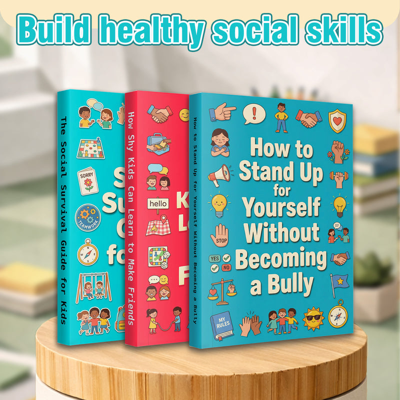 The Social Survival Guide for Kids + How to Stand Up for Yourself Without Becom + How Shy Kids Can Learn to Make Friends: 3-Book Set main cover and printed book set view, image 1, bundle ISBN 9798900667942
