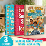 Life Skills for Kids Cooking Cleaning and + Everyday Survival Skills for Kids + Money Skills for Kids Before They Start Sp: 3-Book Set main cover and printed book set view, image 1, bundle ISBN 9798904660543