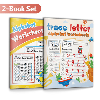 Trace Letter Alphabet Worksheets + Alphabet Worksheets: Letter Recognition An: 2-Book Set main cover and printed book set view, image 1, bundle ISBN 9798900668970