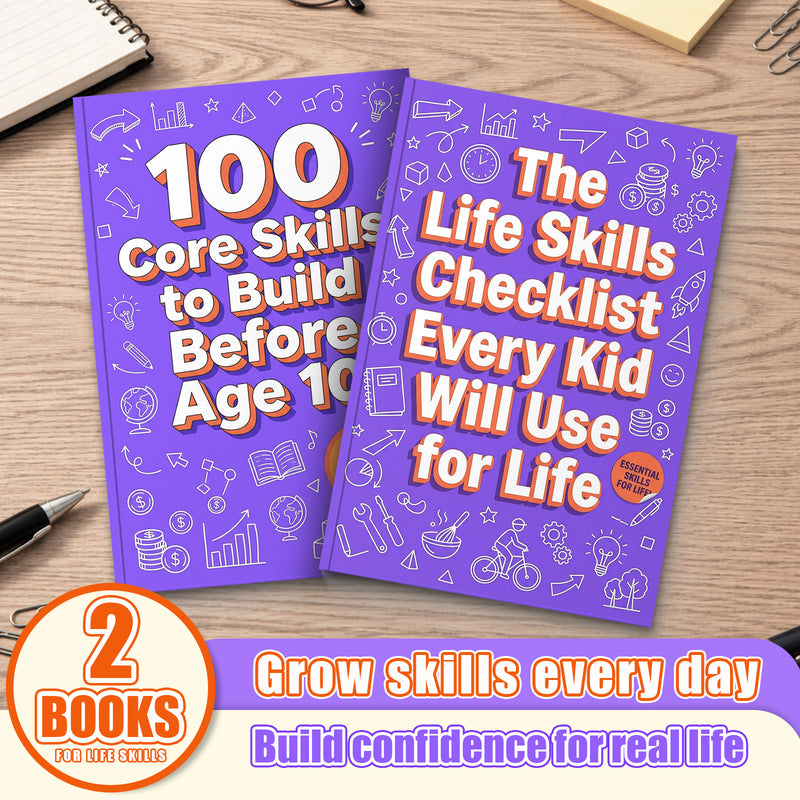 The Life Skills Checklist for Kids + 100 Core Skills Before Age 10: 2-Book Set main cover and printed book set view, image 1, bundle ISBN 9798900668123