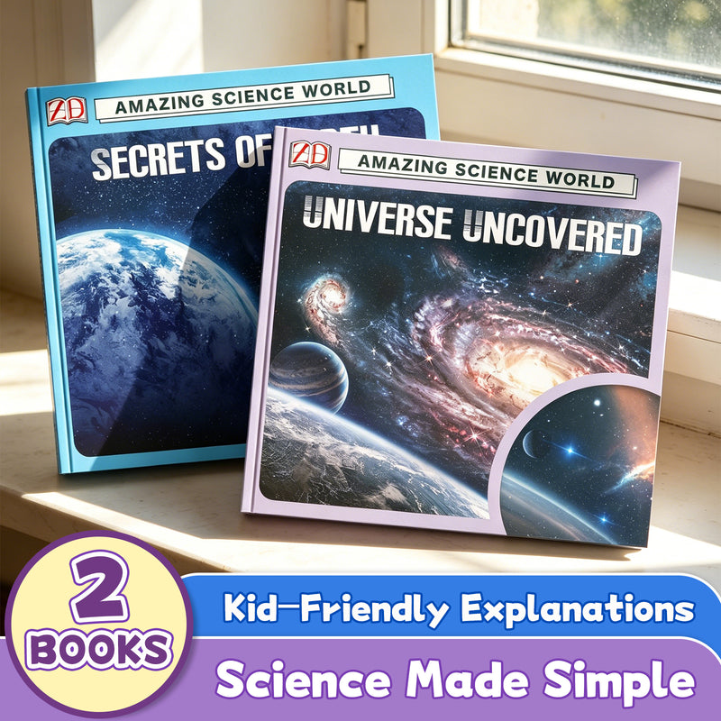 Secrets of Earth Science: Planet Discovery + Universe Uncovered Science Book for Kids: 2-Book Set main cover and printed book set view, image 1, bundle ISBN 9798900668116