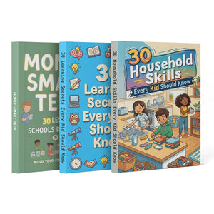 30 Learning Secrets Every Kid Should Know + 30 Household Skills Every Kid Should Know + Money-smart Teen Financial Lessons Book: 3-Book Set main cover and printed book set view, image 1, bundle ISBN 9798900666570
