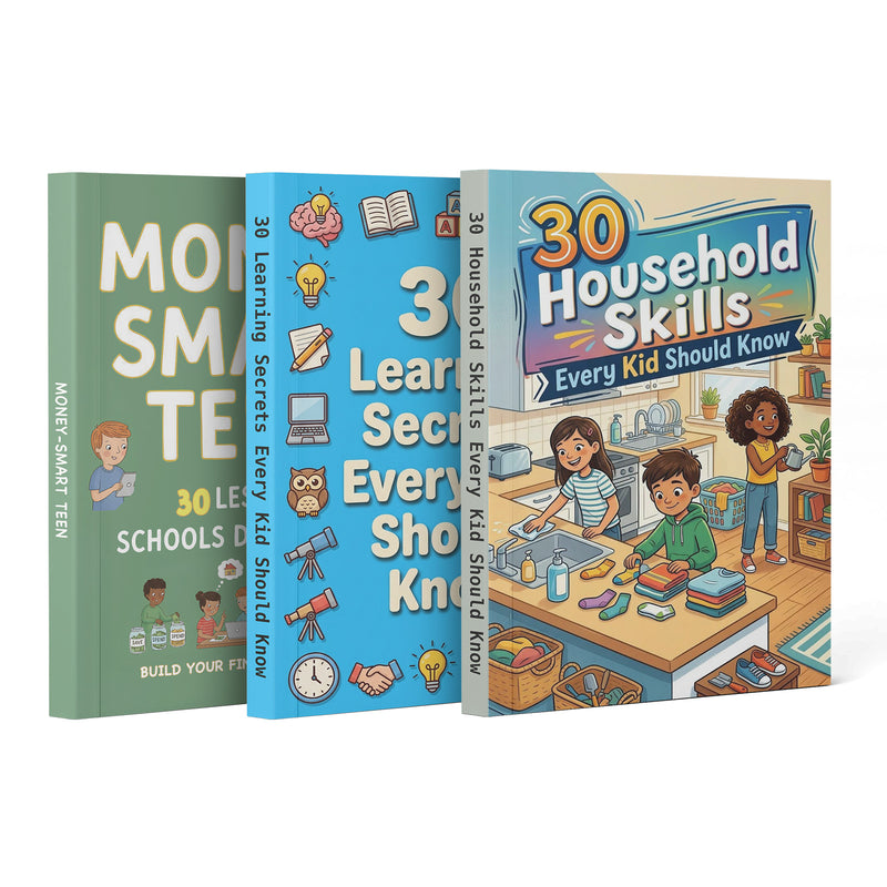30 Learning Secrets Every Kid Should Know + 30 Household Skills Every Kid Should Know + Money-smart Teen Financial Lessons Book: 3-Book Set main cover and printed book set view, image 1, bundle ISBN 9798900666570