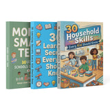 30 Learning Secrets Every Kid Should Know + 30 Household Skills Every Kid Should Know + Money-smart Teen Financial Lessons Book: 3-Book Set main cover and printed book set view, image 1, bundle ISBN 9798900666570