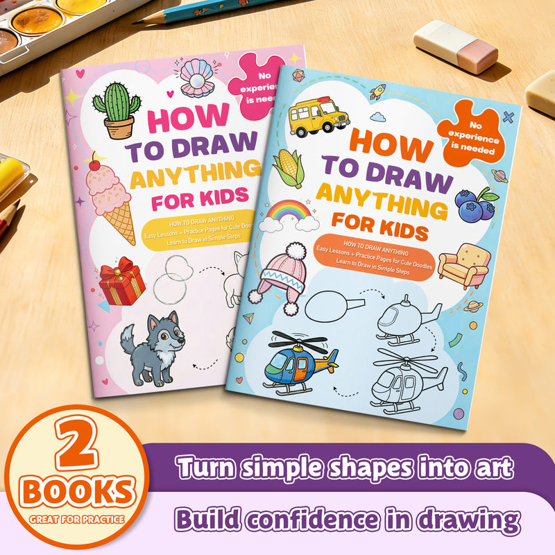 How to Draw Anything for Kids Step-by-step + How to Draw Anything for Kids Step-by-step: 2-Book Set main cover and printed book set view, image 1, bundle ISBN 9798900667423