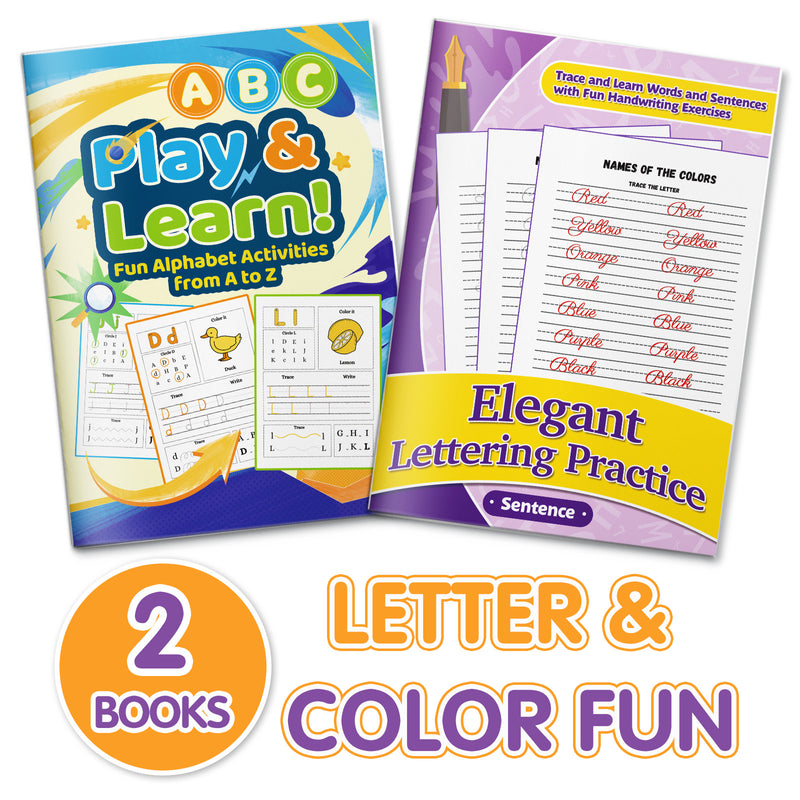 Elegant Lettering Practice: Fruit Names an + ABC Play and Learn Activity Workbook: 2-Book Set main cover and printed book set view, image 1, bundle ISBN 9798900669748
