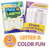 Elegant Lettering Practice: Fruit Names an + ABC Play and Learn Activity Workbook: 2-Book Set main cover and printed book set view, image 1, bundle ISBN 9798900669748