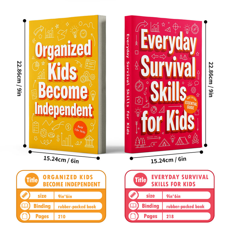 Organized Kids Become Independent + Everyday Survival Skills for Kids: 2-Book Set main cover and printed book set view, image 1, bundle ISBN 9798900668772