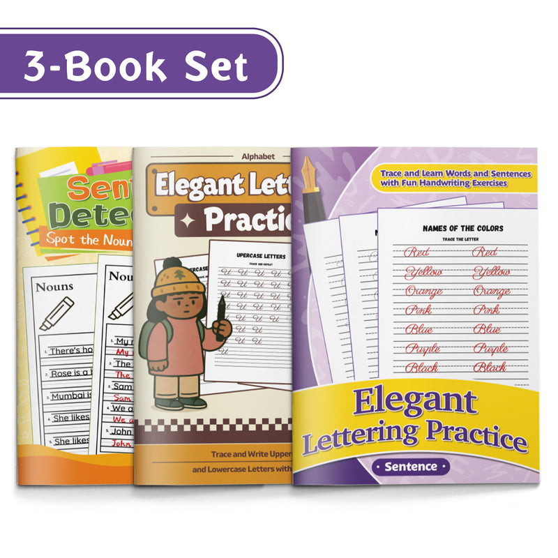 Elegant Lettering Practice: Uppercase Alph + Elegant Lettering Practice: Fruit Names an + Sentence Detectives Nouns Workbook: 3-Book Set main cover and printed book set view, image 1, bundle ISBN 9798904660260