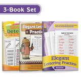 Elegant Lettering Practice: Uppercase Alph + Elegant Lettering Practice: Fruit Names an + Sentence Detectives Nouns Workbook: 3-Book Set main cover and printed book set view, image 1, bundle ISBN 9798904660260