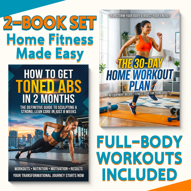 The 30-day Home Workout Plan + How to Get Toned Abs in 2 Months: 2-Book Set main cover and printed book set view, image 1, bundle ISBN 9798900669298
