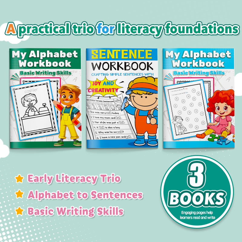 Picture Word Tracing Workbook Basic Writin + Simple Sentences CVC Word Family Workbook + Roll and Read Sentence Fluency Workbook: 3-Book Set bundle detail image, image 1, bundle ISBN 9798900669496