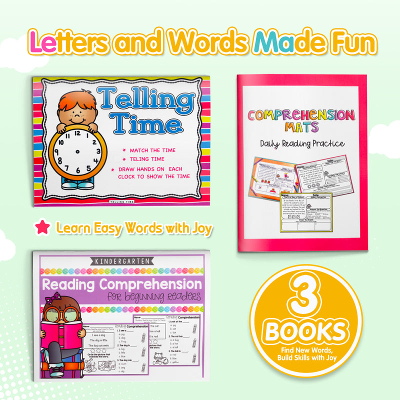 Telling Time Practice Book for Kids + Reading Comprehension Practice Book: Simpl + Story Sequencing and Reading Comprehension: 3-Book Set bundle detail image, image 1, bundle ISBN 9798900667744