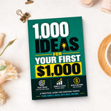 1,000 Ideas for Your First $1,000 - paperback beside writing materials